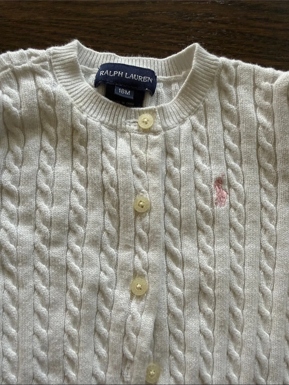 Ralph Lauren White Cable Knit Button Cardigan with Pink Pony